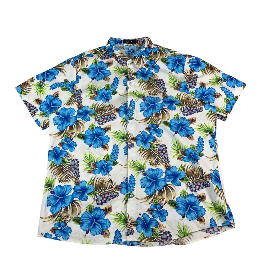 SSLR Mens 2XL Tropical Hibiscus Floral Button Down Short Sleeve Shirt White Blue